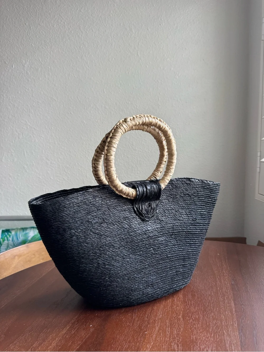 Black Woven Tote with Natural Ring Handles